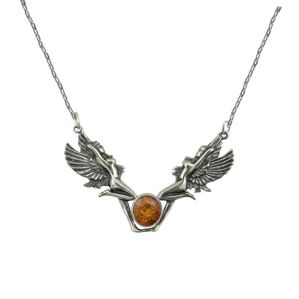 Sterling Silver Double Fairies Necklace With Amber